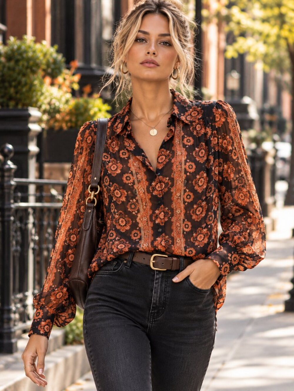 Paige Caraway Periscope & Dahlia Print Silk Blouse Size M Exotic Tapestry Boho